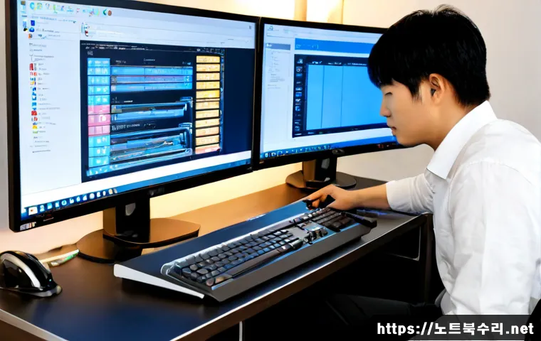 신갈동 워크스테이션출장방문수리점 - Photorealistic remote-support technician servicing a powerful dual-monitor workstation in a compact ...