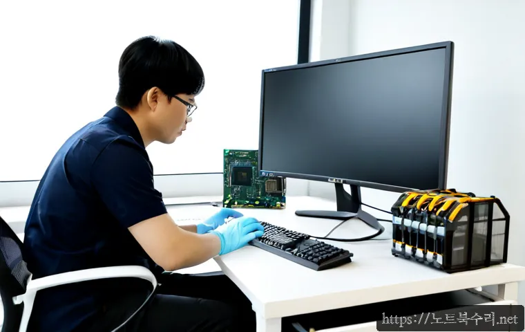 판교동 HARDWARE_FAILURE - Photorealistic IT support workstation in a modern Pangyo tech-office setting, desktop tower opened b...