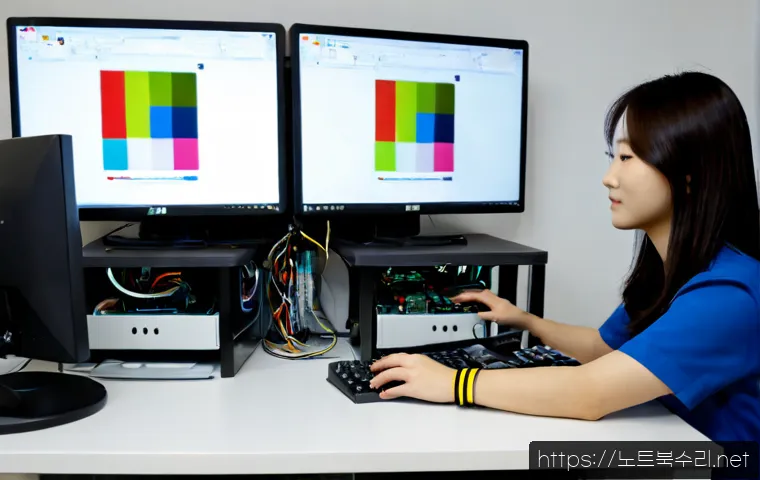 남현동 POOL_HEADER_CORRUPTION - Photorealistic IT support workstation in a compact Namhyeon-dong office, dual monitors showing abstr...