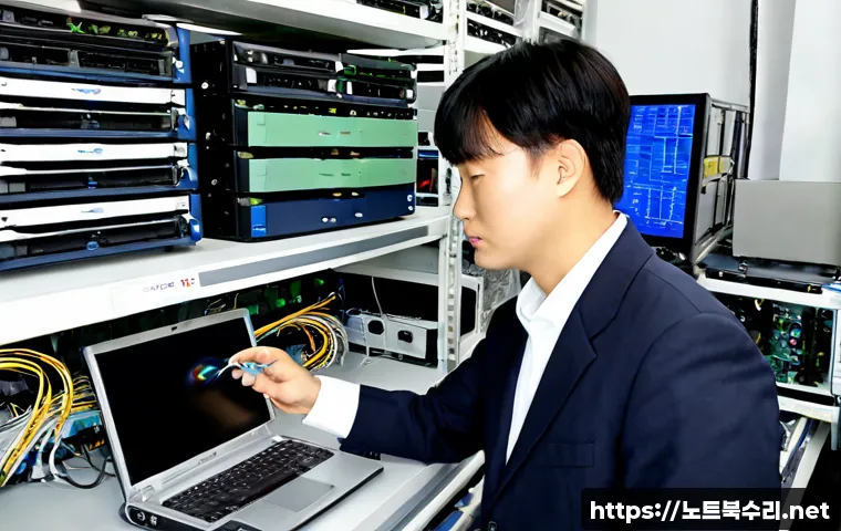 흥인동 ftp서버출장방문수리점 - Photorealistic onsite FTP server repair in a compact Heungin-dong electronics workshop, technician c...