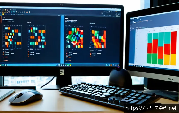 서둔동 STATUS_DATATYPE_MISALIGNMENT - Photorealistic software engineer workstation in Seodun-dong, Suwon, dual monitors showing abstract c...