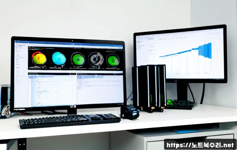 원동 THREAD_TERMINATION_PORT - Photorealistic industrial CAD workstation in a compact Won-dong engineering office, dual monitors sh...
