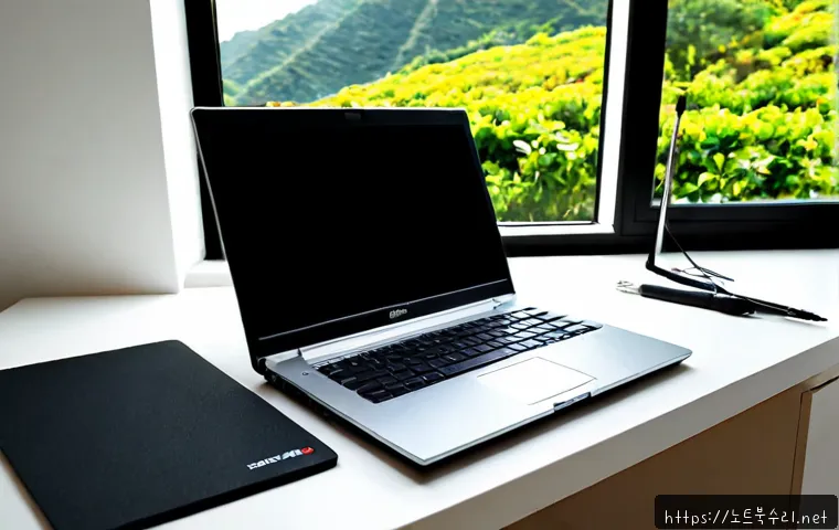 성북동 맥북프로 판매 및 수리 - Photorealistic premium laptop repair workstation in a quiet Seongbuk-dong electronics studio, unbran...