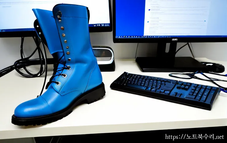 수원시 UNMOUNTABLE_BOOT_VOLUME - Photorealistic IT support workstation in Suwon, desktop tower beside a wide monitor showing an abstr...
