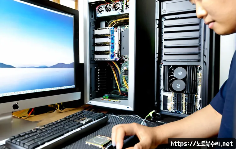 인지동 VGA조립 및 교체수리 - Photorealistic computer repair workstation in a compact neighborhood electronics shop, technician ca...