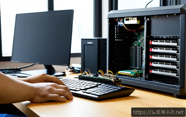 통의동 SSD조립 및 교체수리 - Photorealistic desktop repair workstation in a quiet Tongui-dong apartment office, technician instal...