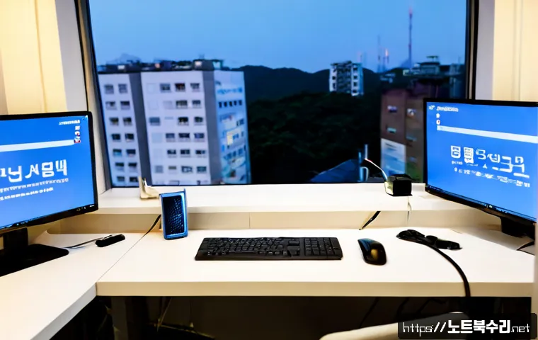 화곡동 SYSTEM_THREAD_EXCEPTION_NOT_HANDLED - Photorealistic remote IT support workstation in a compact Hwagok-dong apartment office, dual monitor...
