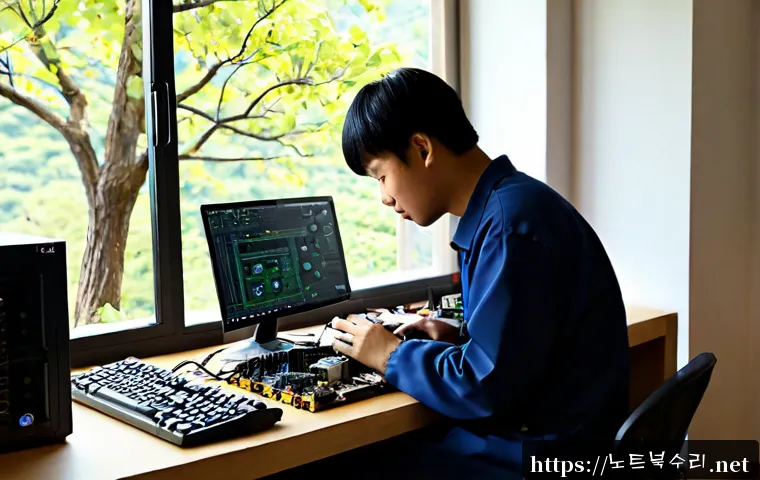 창우동 RAM조립 및 교체수리 - Photorealistic computer repair workstation in a quiet Changudong apartment, technician installing tw...