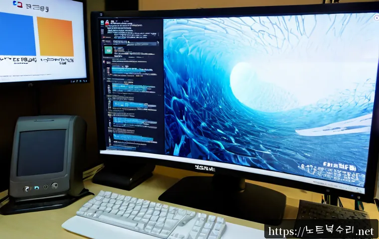 야동동 DPC_WATCHDOG_VIOLATION - Photorealistic IT support workstation in a compact Seoul office, dual monitors showing a frozen blue...