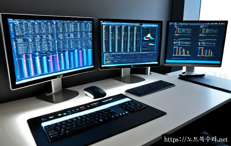 마곡동 UDFS_FILE_SYSTEM - Photorealistic software engineer workstation in a modern Magok business district office, dual monito...