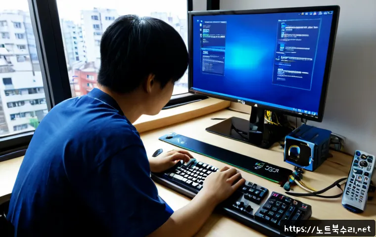 매교동 VIDEO_DRIVER_INIT_FAILURE - Photorealistic remote-support workstation in a compact Maegyo-dong apartment office, dual monitors s...