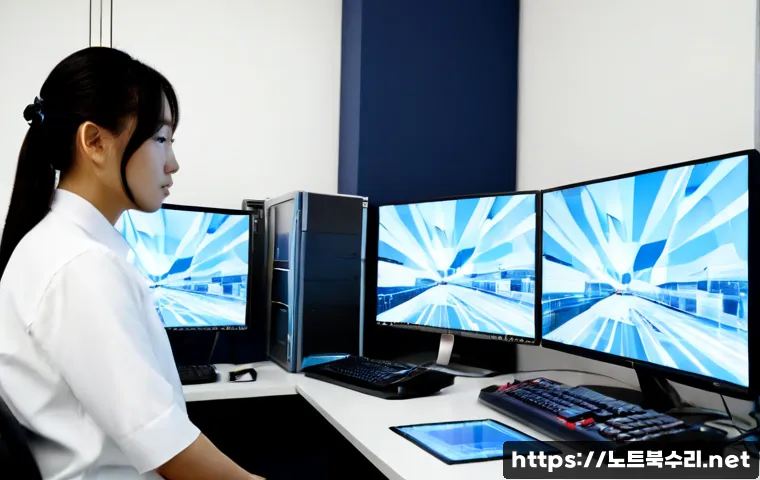 광교 STATUS_KERNEL_MODULE_CORRUPTION - Photorealistic IT support workstation in a modern Gwanggyo-style office tower, dual monitors showing...