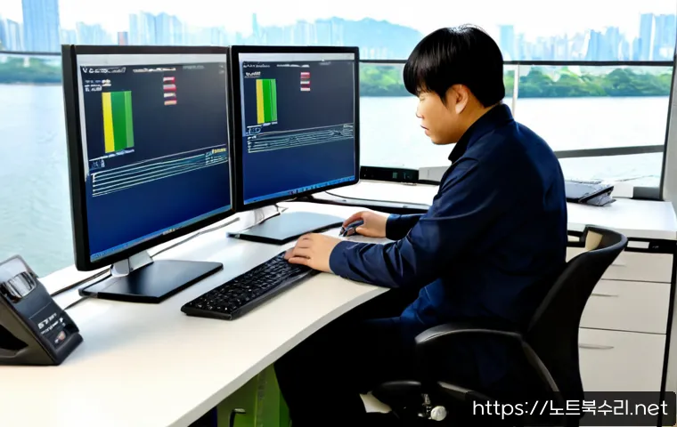 김포동 STATUS_KERNEL_HANDLE_INVALID - Photorealistic IT support workstation in a modern Gimpo office, dual monitors showing abstract syste...
