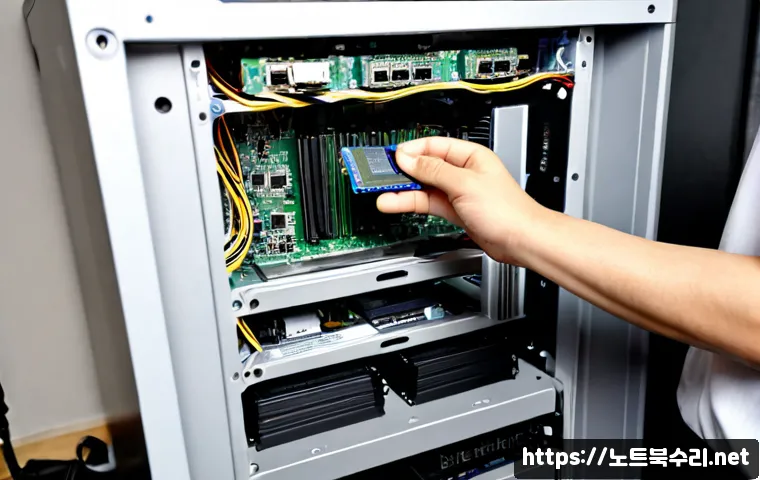 사우동 SSD조립 및 교체수리 - Photorealistic computer repair workstation in Sau-dong, technician installing a compact NVMe SSD int...