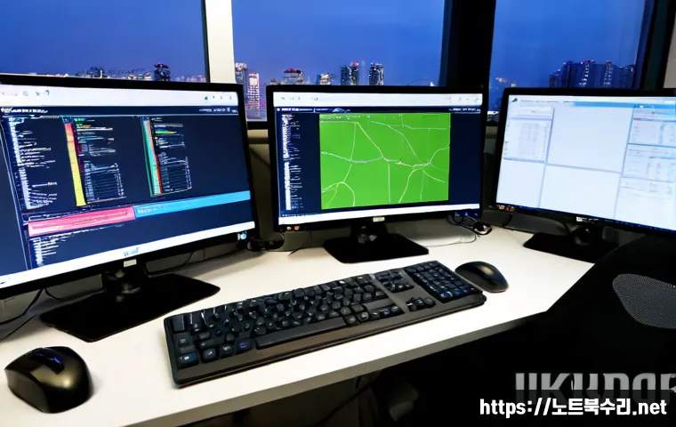 월곡동 DRIVER_CORRUPTED_EXPOOL - Photorealistic IT support workstation in a compact Wolgok-dong apartment office, dual monitors showi...