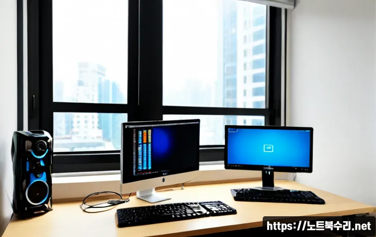 수내동 WHEA_UNCORRECTABLE_ERROR - Photorealistic premium workstation in a quiet Bundang apartment office, dual monitors showing a blan...