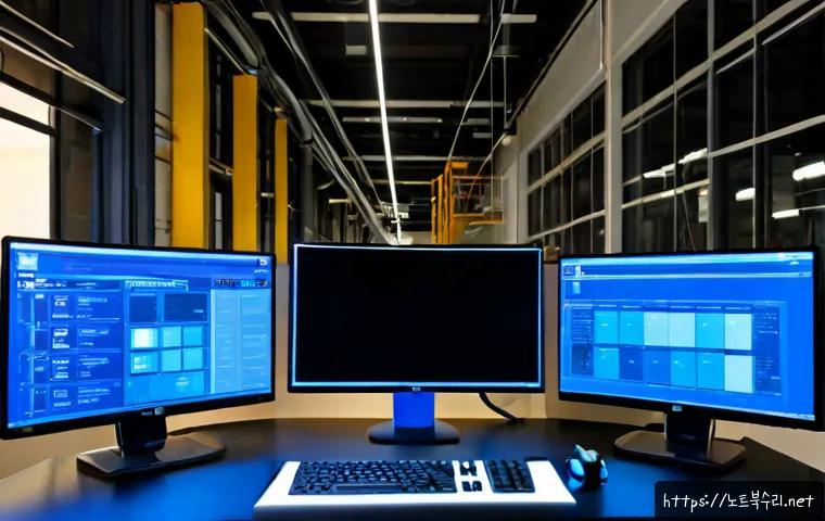 칠괴동 STATUS_KERNEL_DATA_CORRUPTION - Photorealistic IT support workstation in a compact industrial office, dual monitors showing abstract...