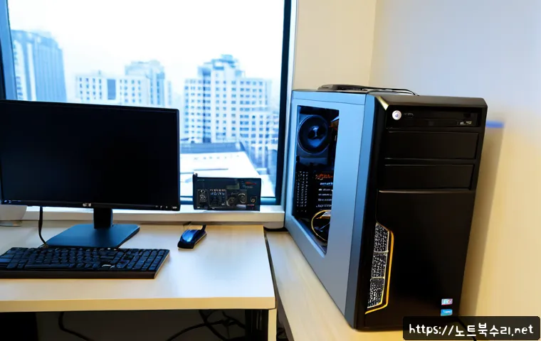 신설동 부팅안됨 - Photorealistic PC repair workstation in a compact Sinseol-dong office, desktop tower opened beside a...