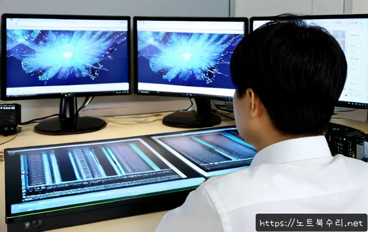 범계동 STATUS_MEMORY_OVERFLOW - Photorealistic modern workstation in Beomgye-dong, a tired IT specialist viewing a dense abstract me...