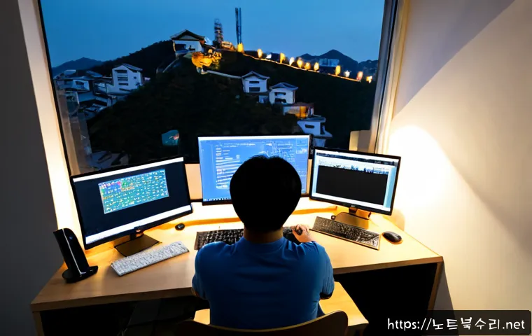 남가좌동 STATUS_FLOAT_DIVIDE_BY_ZERO - Photorealistic remote-support workstation in a compact hillside apartment studio, dual monitors disp...