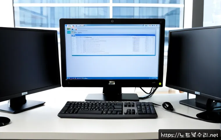 지제동 STATUS_IO_TIMEOUT - Photorealistic IT support workstation in a modern business office near a quiet Korean rail district,...