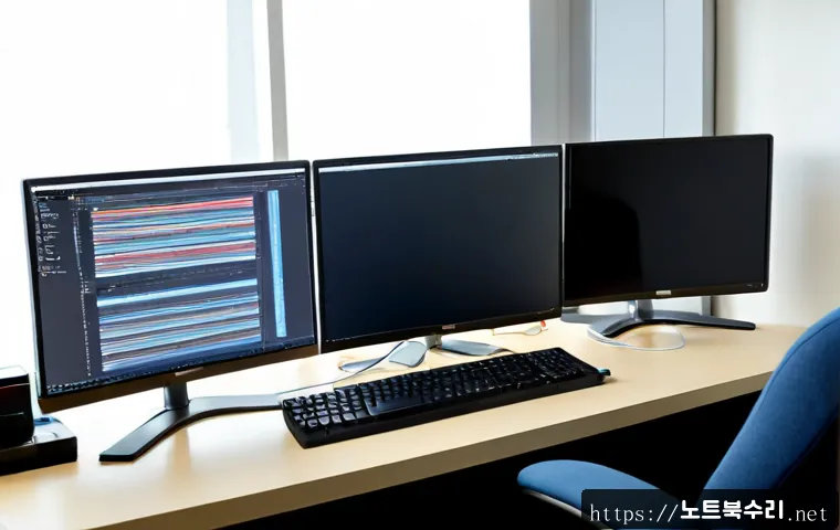 둔전동 STATUS_DISK_CORRUPTION - Photorealistic remote-support workstation in a quiet Dunjun-dong apartment office, dual monitors sho...
