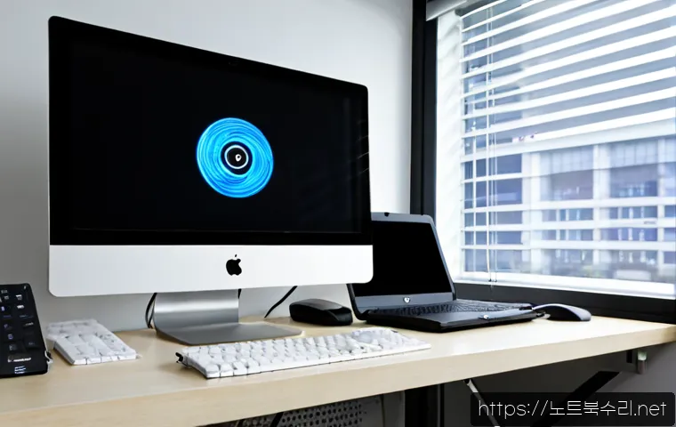 천호동 ATTEMPTED_EXECUTE_OF_NOEXECUTE_MEMORY - Photorealistic IT support workstation in a compact Cheonho-dong office, dual monitors showing abstra...