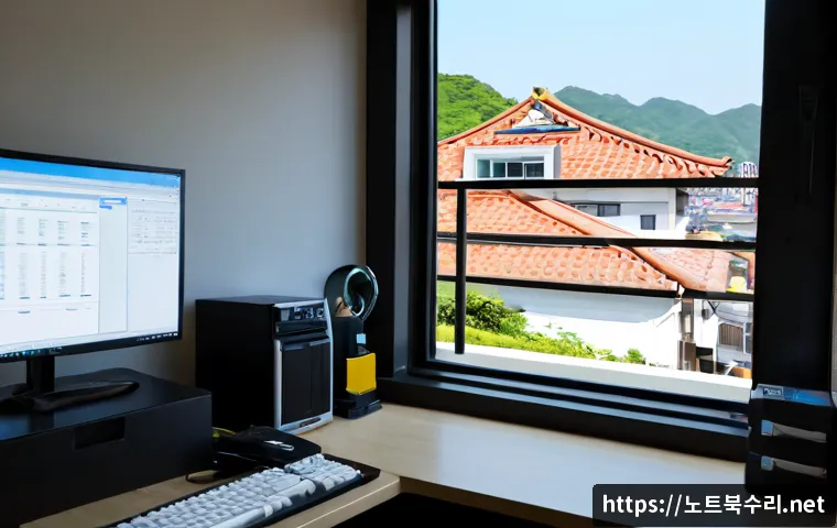 삼양동 STATUS_KERNEL_DEVICE_ERROR - Photorealistic IT support workstation in a compact hillside neighborhood office, desktop tower opene...