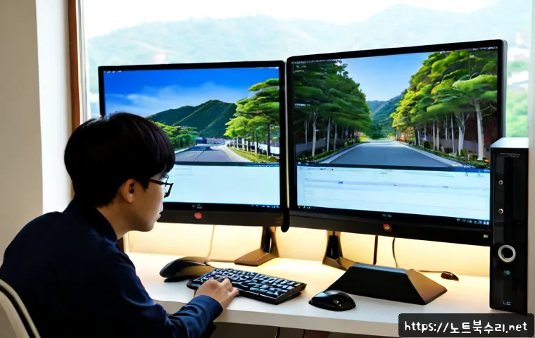 약수동 CDFS_FILE_SYSTEM - Photorealistic IT recovery workstation in a compact Yaksu-dong apartment office, dual monitors showi...