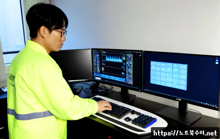 운양동 KERNEL_STACK_INPAGE_ERROR - Photorealistic workstation in a bright Unyang-dong apartment office, dual monitors with a blank coba...