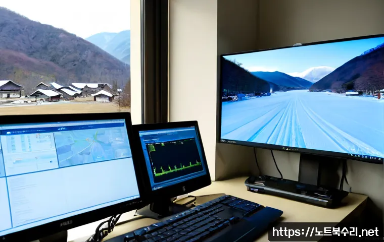 산북면 WIN32K_LOCK_HELD_TOO_LONG - Photorealistic remote-support workstation in a quiet rural Korean office, dual monitors showing abst...
