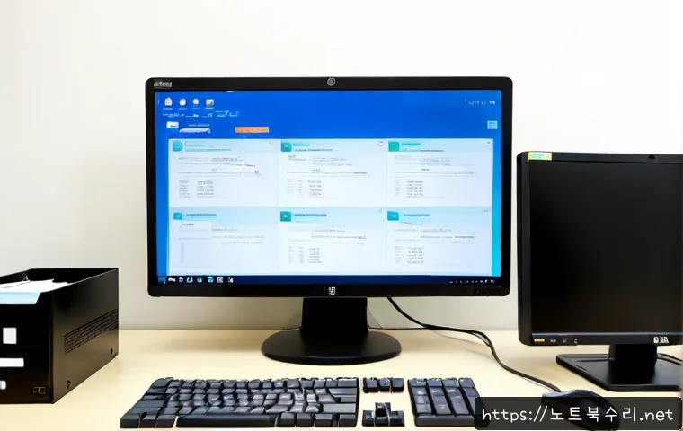 군내면 STATUS_IO_ERROR - Photorealistic IT support workstation in a quiet rural Korean county office, desktop monitor showing...
