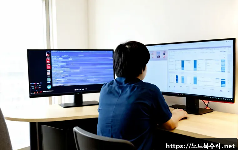 독곡동 STATUS_PROTECTION_ERROR - Photorealistic remote-support workstation in a quiet Korean residential office, dual monitors displa...