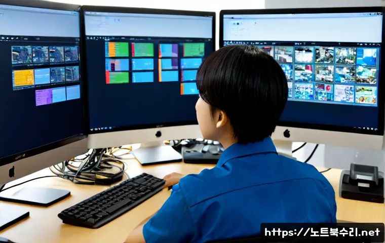 삼가동 STATUS_FILE_CORRUPTION - Photorealistic IT support workstation in a compact Korean office, dual monitors showing abstract cor...