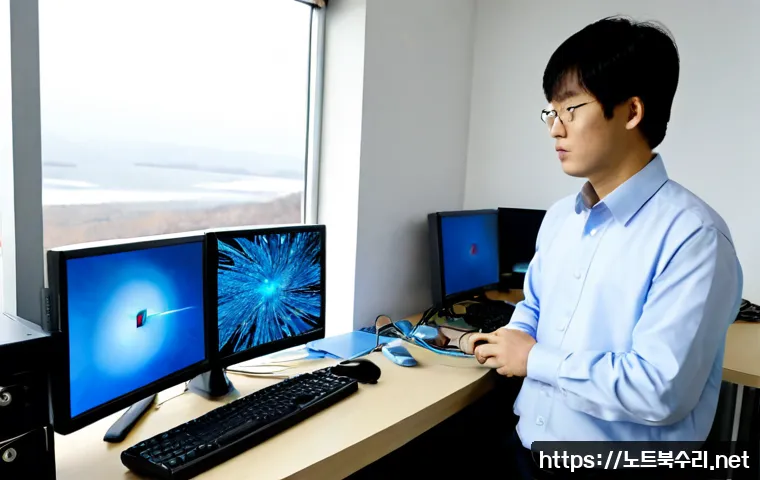 안중읍 VIDEO_TDR_FAILURE - Photorealistic remote-support workstation in a quiet Pyeongtaek coastal township office, dual monito...