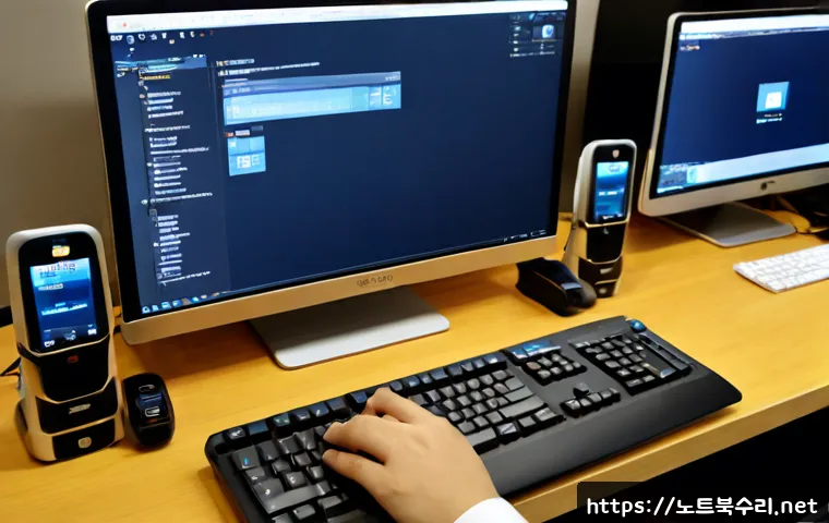 만리동 f4키 누르라고 할때 - Photorealistic remote-support workstation in a compact Mangni-dong office, technician’s hand pressin...