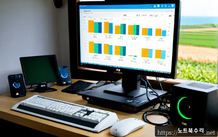 양도면 MEMORY_MANAGEMENT - Photorealistic remote-support workstation in a quiet Yangdo-myeon home office, dual monitors showing...