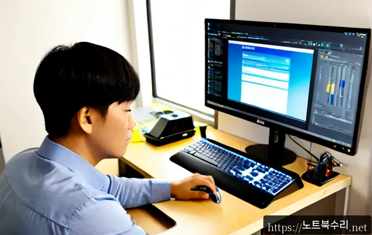 부흥동 pc복구중 - Photorealistic computer recovery workstation in a compact Buheung-dong apartment office, technician ...