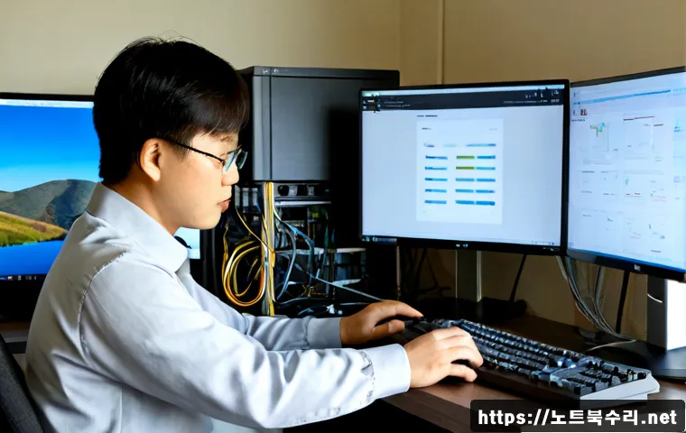 영북면 DRIVER_PORTION_MUST_BE_NONPAGED - Photorealistic remote-support workstation in a quiet rural Korean office near low forested hills, du...