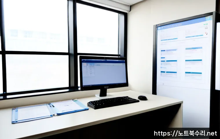 법원읍 STATUS_PAGE_FAULT - Photorealistic judicial administration workstation in Beopwon-eup, dual monitors showing a clean abs...