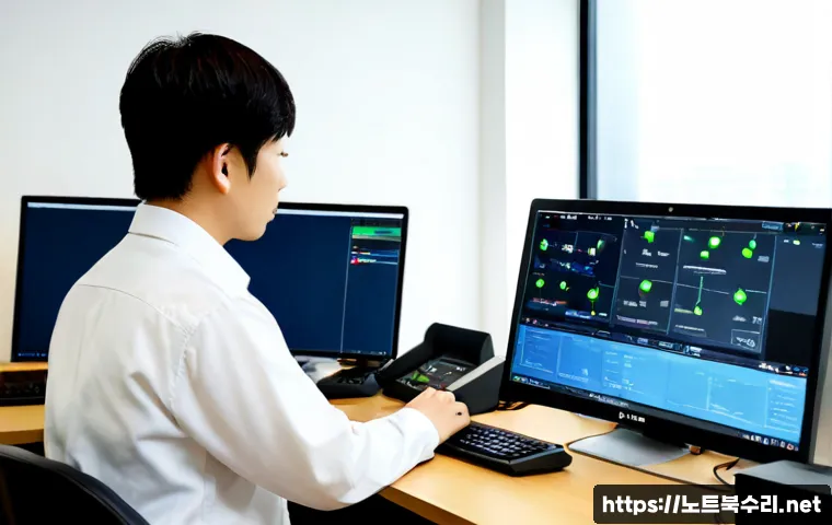 영통동 STATUS_CONNECTION_REFUSED - Photorealistic IT support workstation in a modern Yeongtong-dong apartment office, frustrated techni...