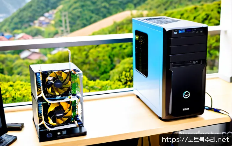 홍은동 쿨러조립 및 교체수리 - Photorealistic desktop PC repair workstation in a compact Hong-eun-dong apartment office, technician...