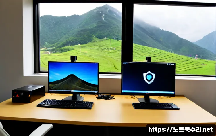 소요동 STATUS_NETWORK_ACCESS_DENIED - Photorealistic IT support workstation in a compact Dongducheon office, dual monitors showing a blank...