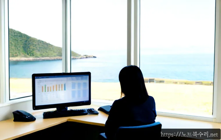 대청면 MULTIPLE_IRP_COMPLETE_REQUESTS - Photorealistic remote-support workstation in a quiet island municipal office, dual monitors showing ...