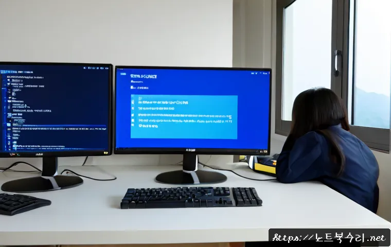 창릉동 STATUS_MEMORY_VIOLATION - Photorealistic IT support workstation in a quiet Changneung-dong apartment office, dual monitors sho...