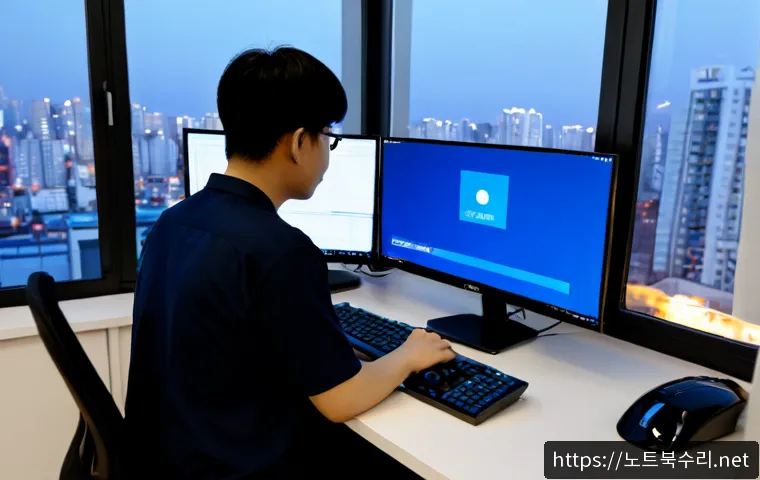 상봉동 PAGE_FAULT_IN_NONPAGED_AREA - Photorealistic IT support workstation in a compact Sangbong-dong apartment office, dual monitors wit...