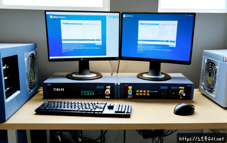 마도면 INTERNAL_POWER_ERROR - Photorealistic remote IT support workstation in a quiet coastal industrial district, dual monitors s...