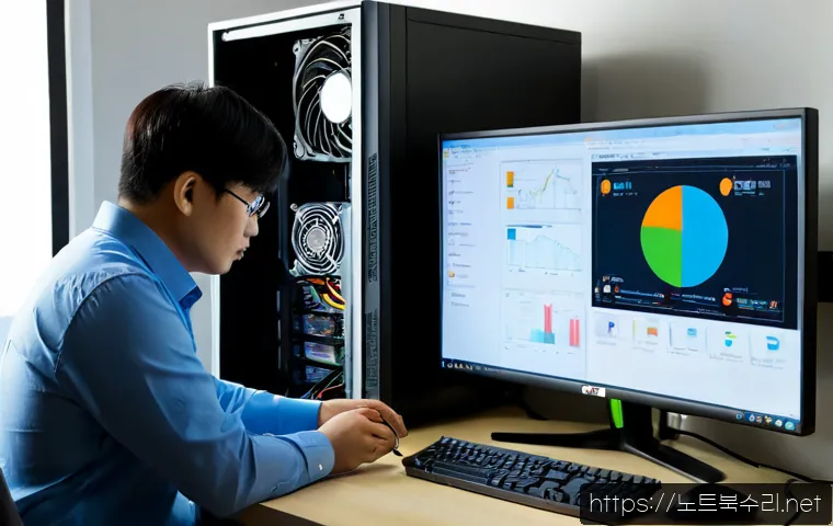 수지구 팬돌다 멈춤 - Photorealistic home-office workstation in a modern apartment, desktop PC case with visible cooling f...