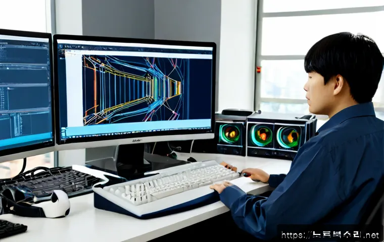 논현고잔동 STATUS_STACK_OVERFLOW - Photorealistic remote-support workstation in a compact modern office near a Korean industrial-reside...