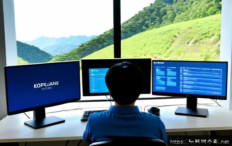 포일동 STATUS_KERNEL_DEVICE_ERROR - Photorealistic IT support workstation in a modern office near a quiet hillside district, dual monito...